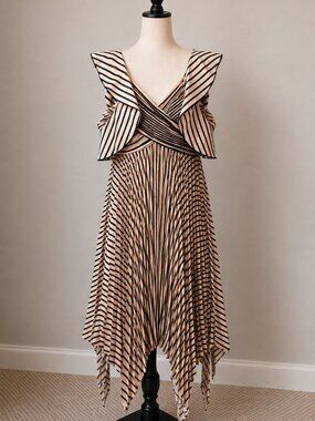 NWT Self-Portrait Nude & Black Stripe Pleated Midi Dress – Size US 10 / UK 14